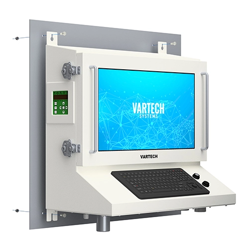 A rendering of VarTech Systems' ToughStation Hazardous Area Ergonomic Workstation depicted with a tab mounting style