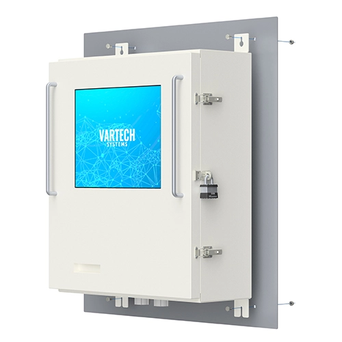 A rendering of VarTech Systems' WeighStation weigh scale HMI kiosk depicted with a tab mounting style