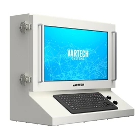 A rendering of VarTech's ToughStation fully sealed HMI workstation with an ergonomic keyboard