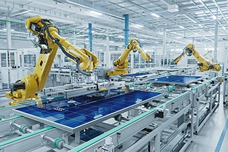 An automated assembly line, representing the automation industry and VarTech's industrial computers, monitors, and HMIs