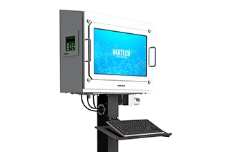 An image of a custom hazardous area workstation display mount with an integrated keyboard and a purge system