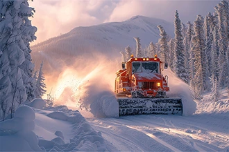 A snowcat driving in an extreme winter environment, representing the ruggedization features of VarTech's industrial computers