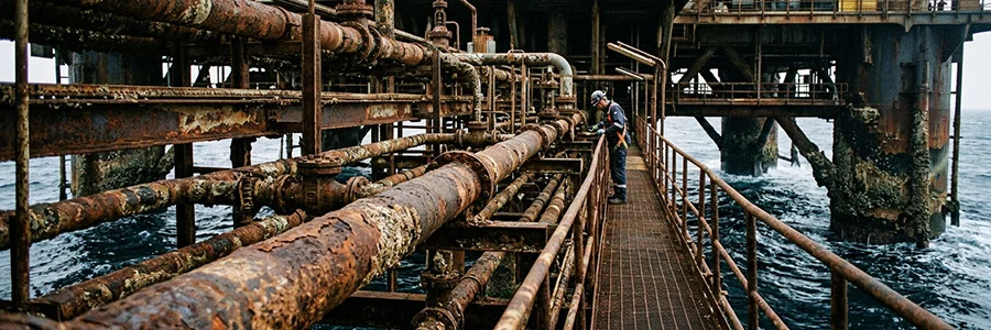 A corroded oil drilling platform at sea