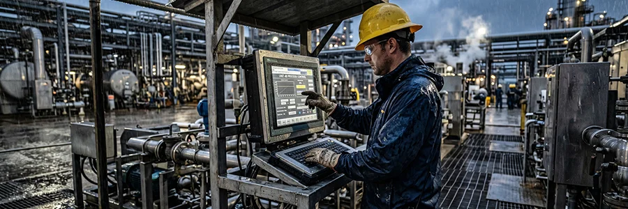 A worker operating an industrial computer at an outdoor industrial facility