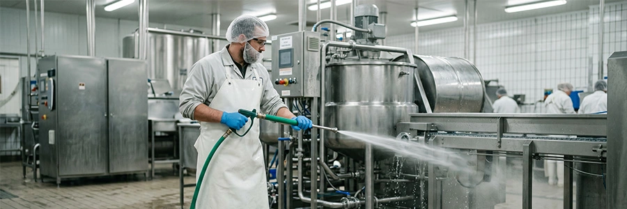 A worker at a food processing facility spraying equipment with a washdown hose