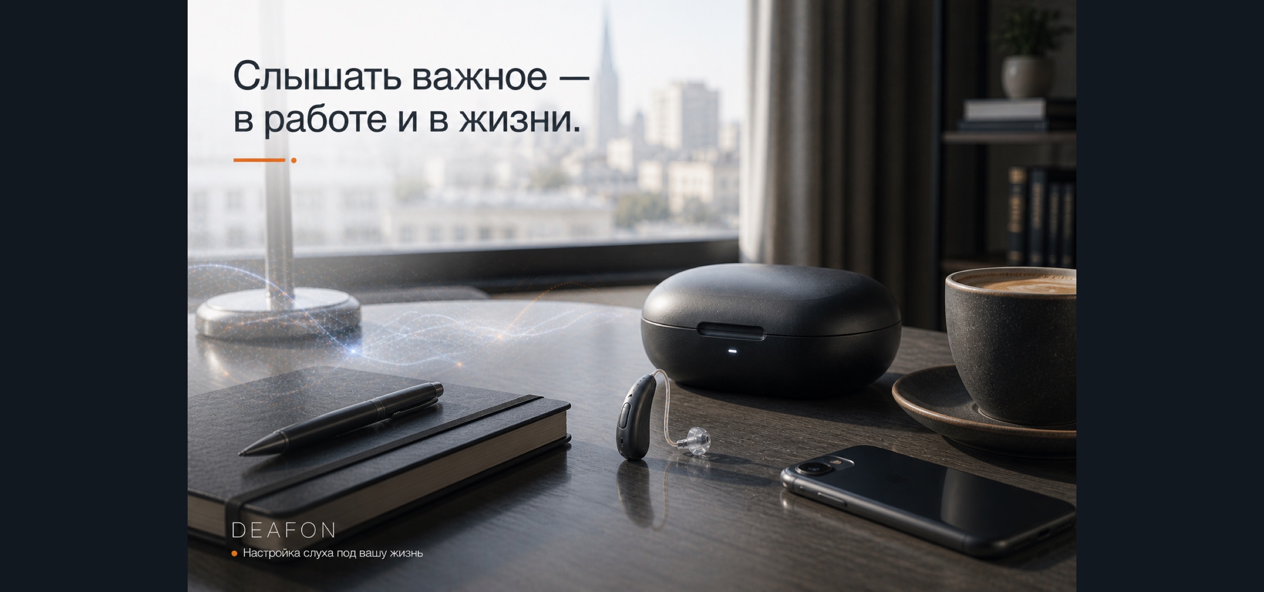 Слуховой аппарат, смартфон и футляр на рабочем столе как образ технологичного сервиса DEAFON