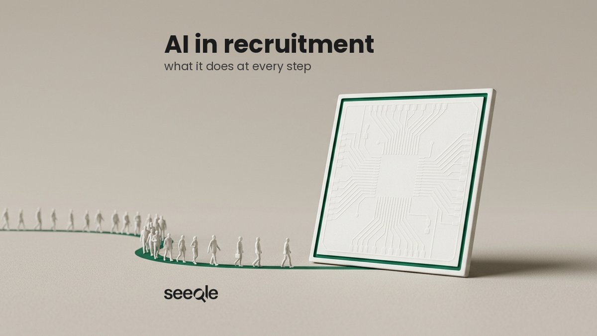 White figurines following a green path toward a white microchip