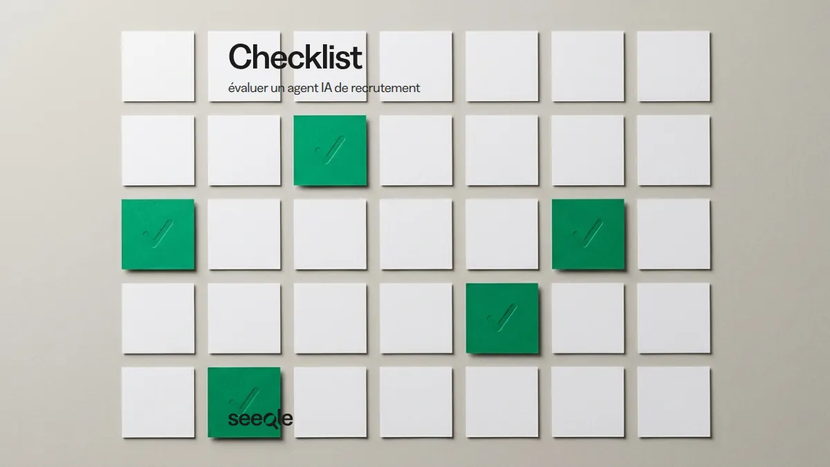 Grille de cartes blanches dont cinq vertes cochees : checklist pour evaluer un agent IA