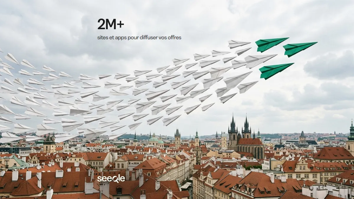 Nuee d'avions en papier menee par trois verts au-dessus d'une ville : diffuser sur 2M+ sites