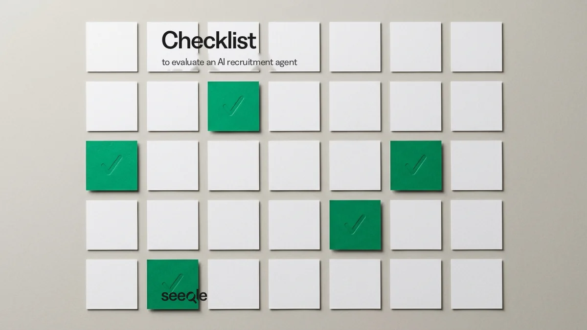 Grid of white cards with five checked green cards: checklist to evaluate an AI recruitment agent