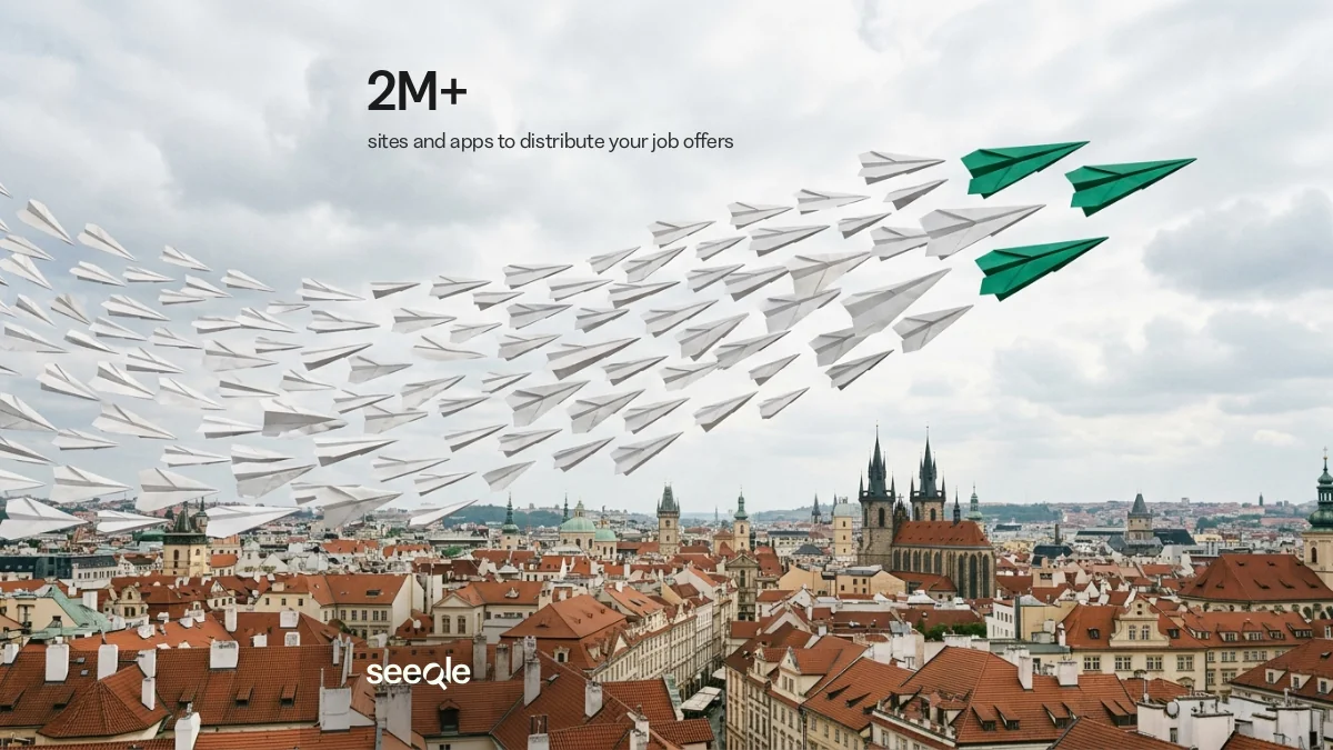 Flock of paper planes led by three green ones over a city: 2M+ sites and apps to distribute your job offers