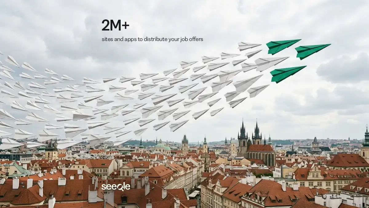 Flock of paper planes led by three green ones over a city: 2M+ sites and apps to distribute your job offers
