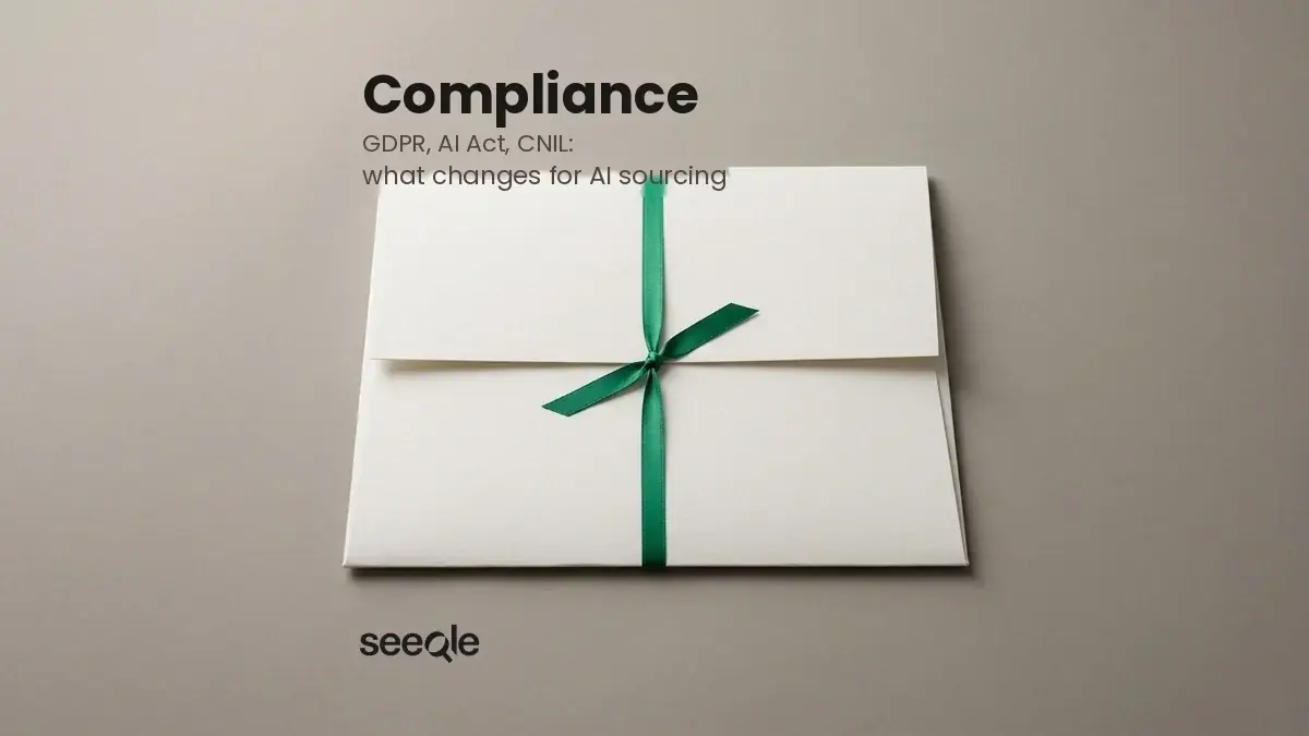 Envelope tied with a green ribbon: GDPR, AI Act, CNIL, what changes for AI sourcing