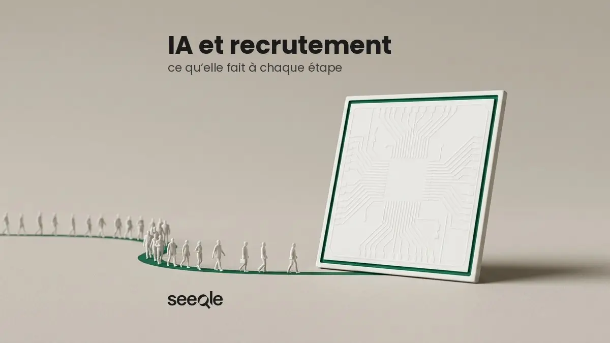 Figurines blanches suivant un chemin vert vers une puce électronique blanche