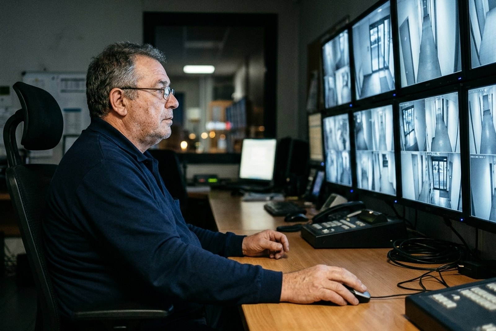 Agent de sécurité surveillant les écrans de vidéosurveillance