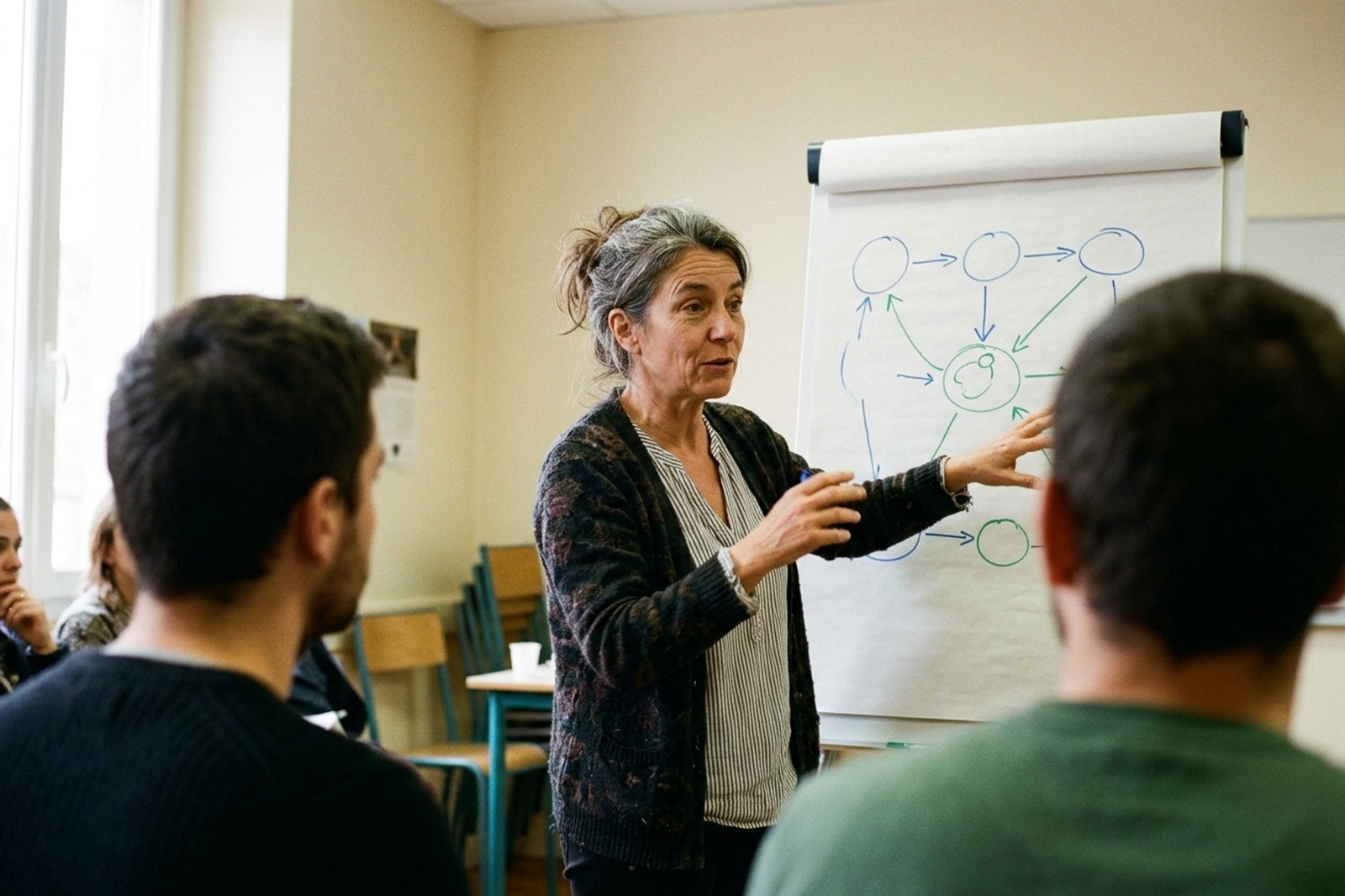 Formatrice expliquant un schéma à des apprenants