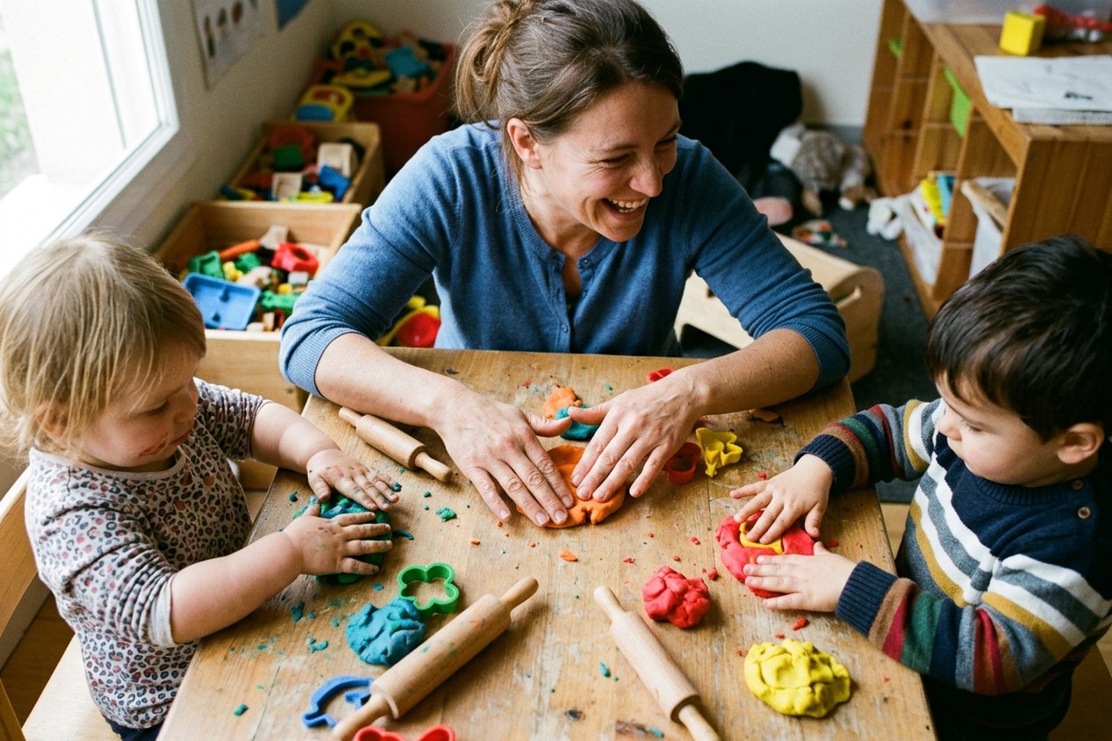 Éducatrice faisant de la pâte à modeler avec des enfants