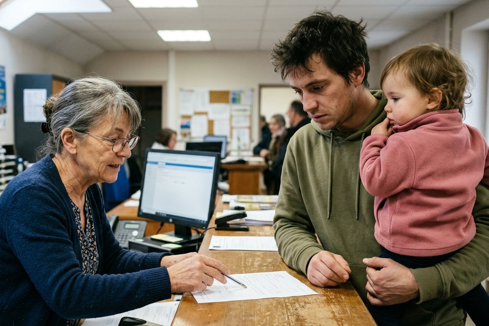 Agente de mairie aidant un père à remplir un formulaire
