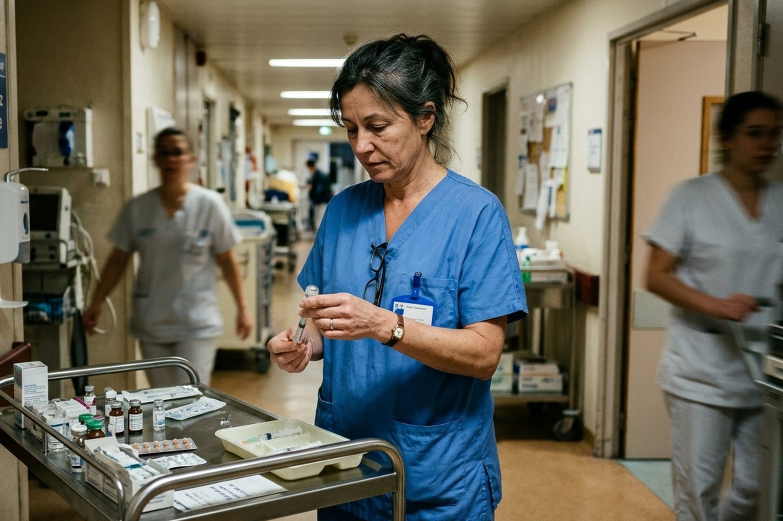 Infirmière de nuit préparant les traitements dans un couloir