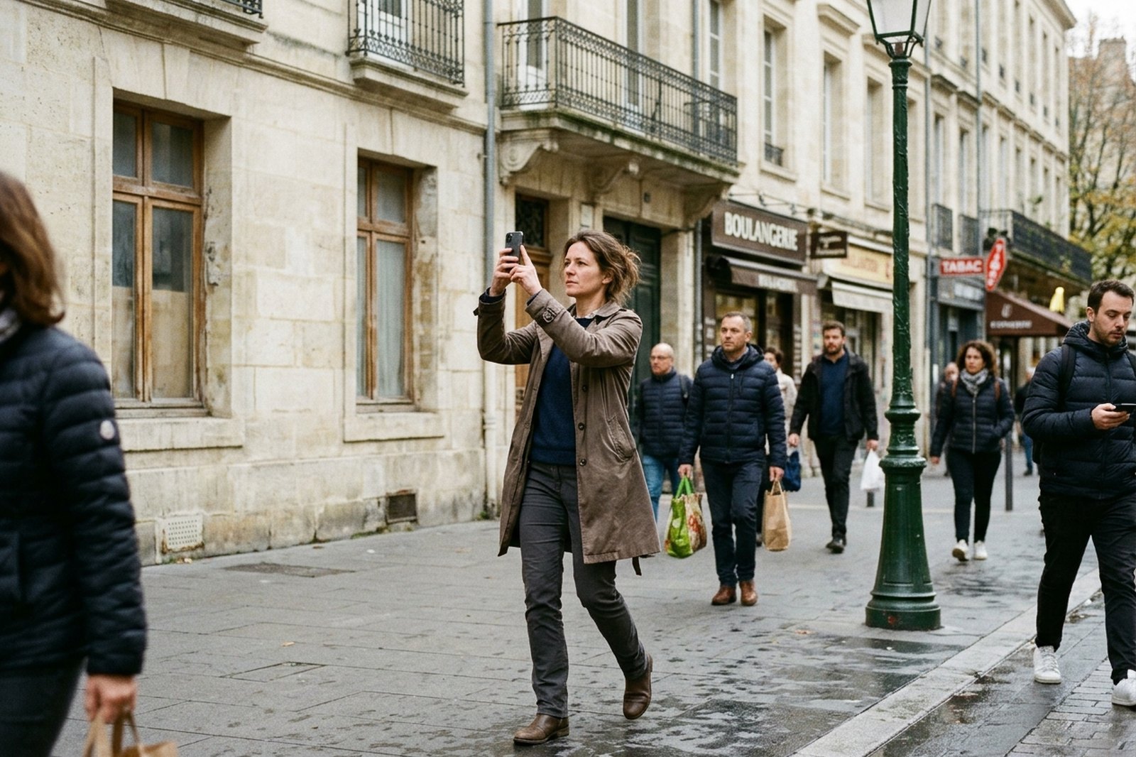 Agente immobilière photographiant une façade dans la rue