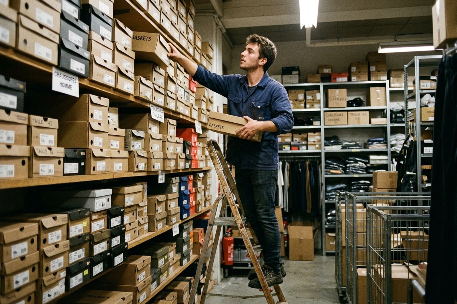 Employé de magasin rangeant la réserve sur un escabeau