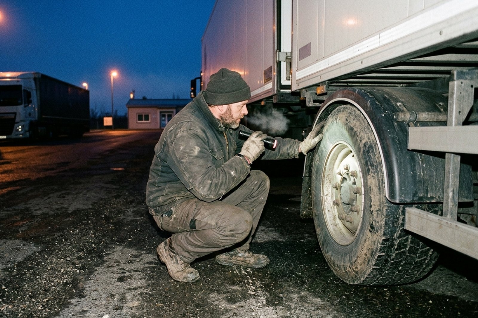 Chauffeur routier contrôlant les pneus de son camion à l'aube