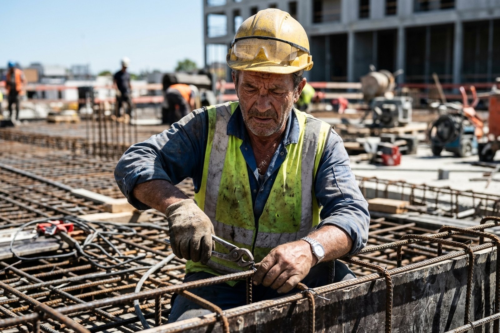 Ouvrier ligaturant des armatures sur un chantier
