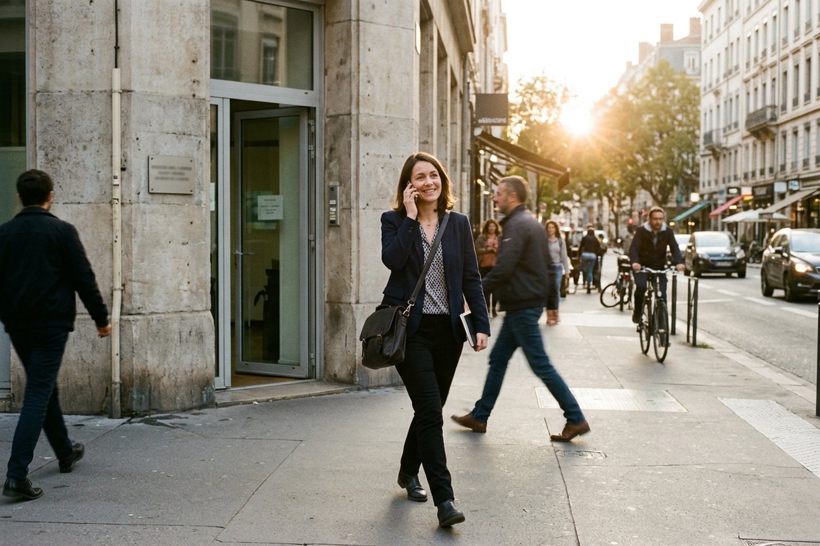 Commerciale sortant d'un rendez-vous client au téléphone