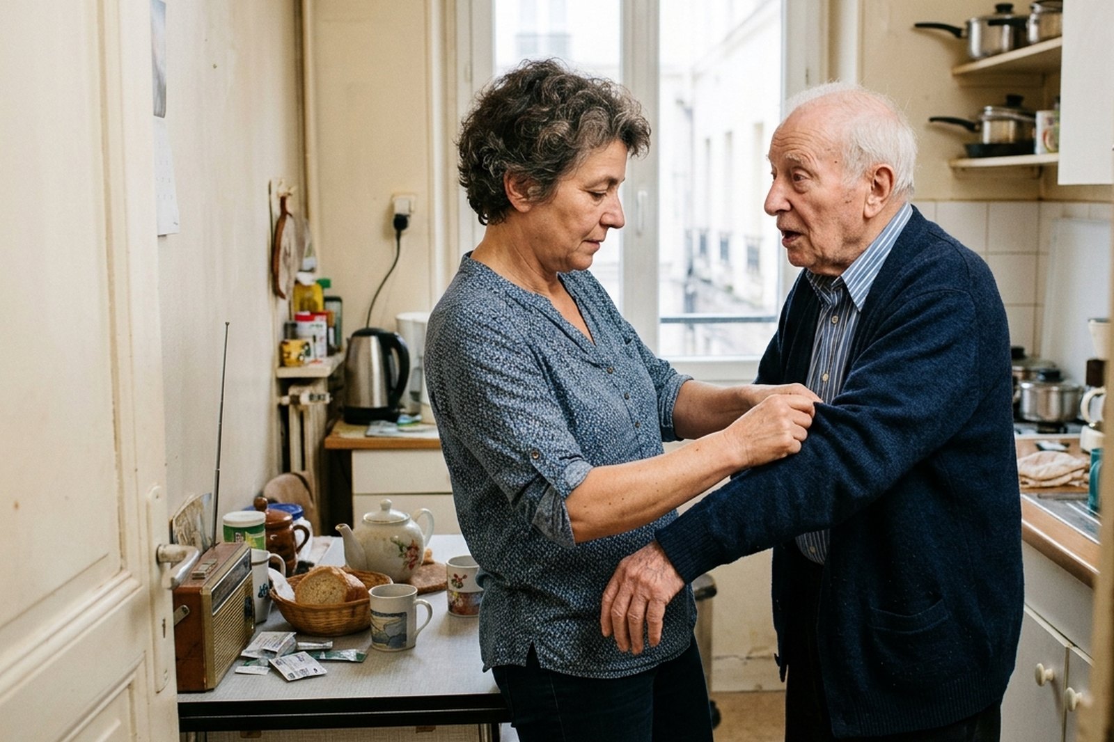 Aide à domicile aidant un homme âgé à enfiler son gilet dans sa cuisine
