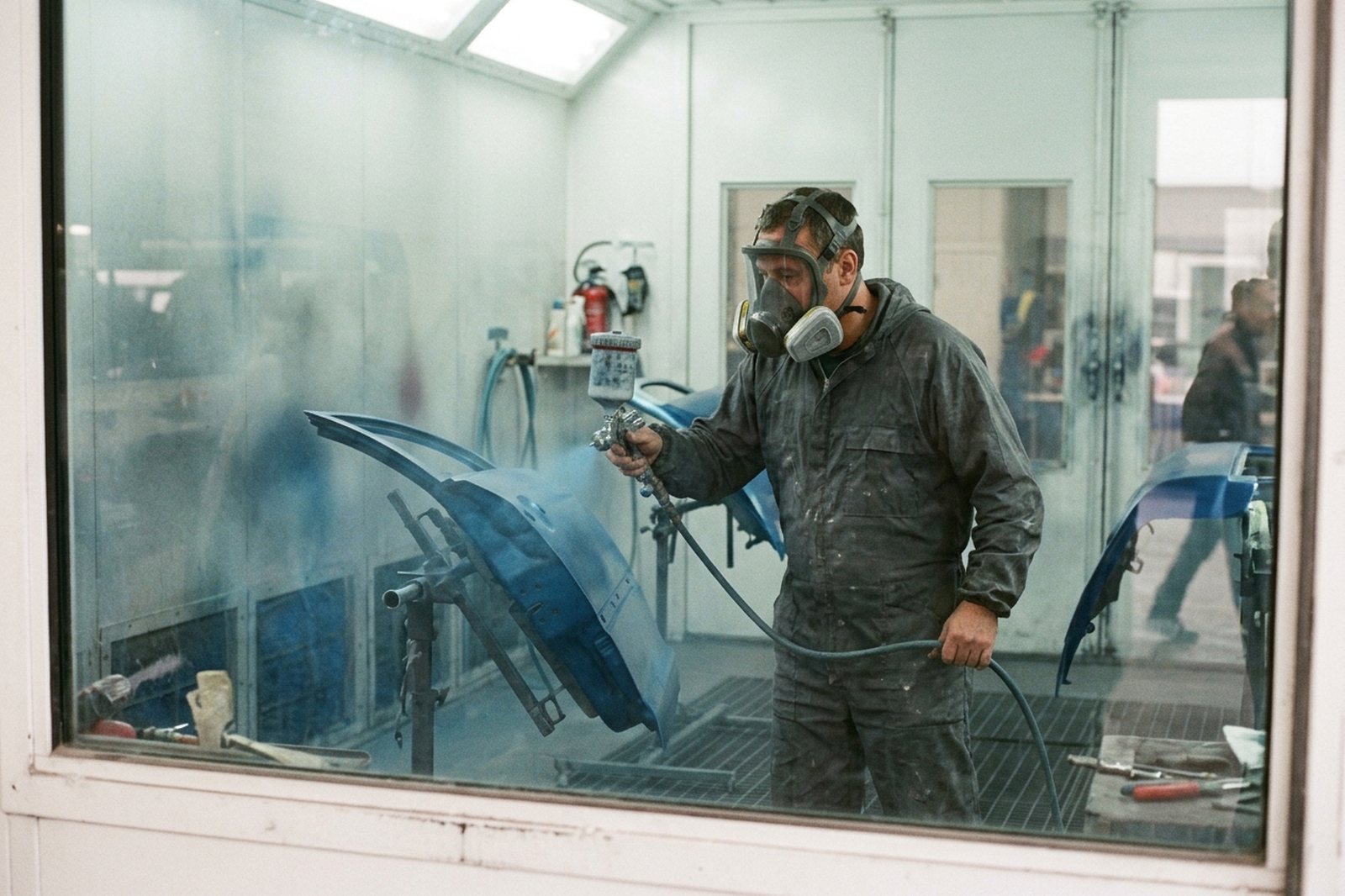 Peintre en carrosserie en cabine de peinture