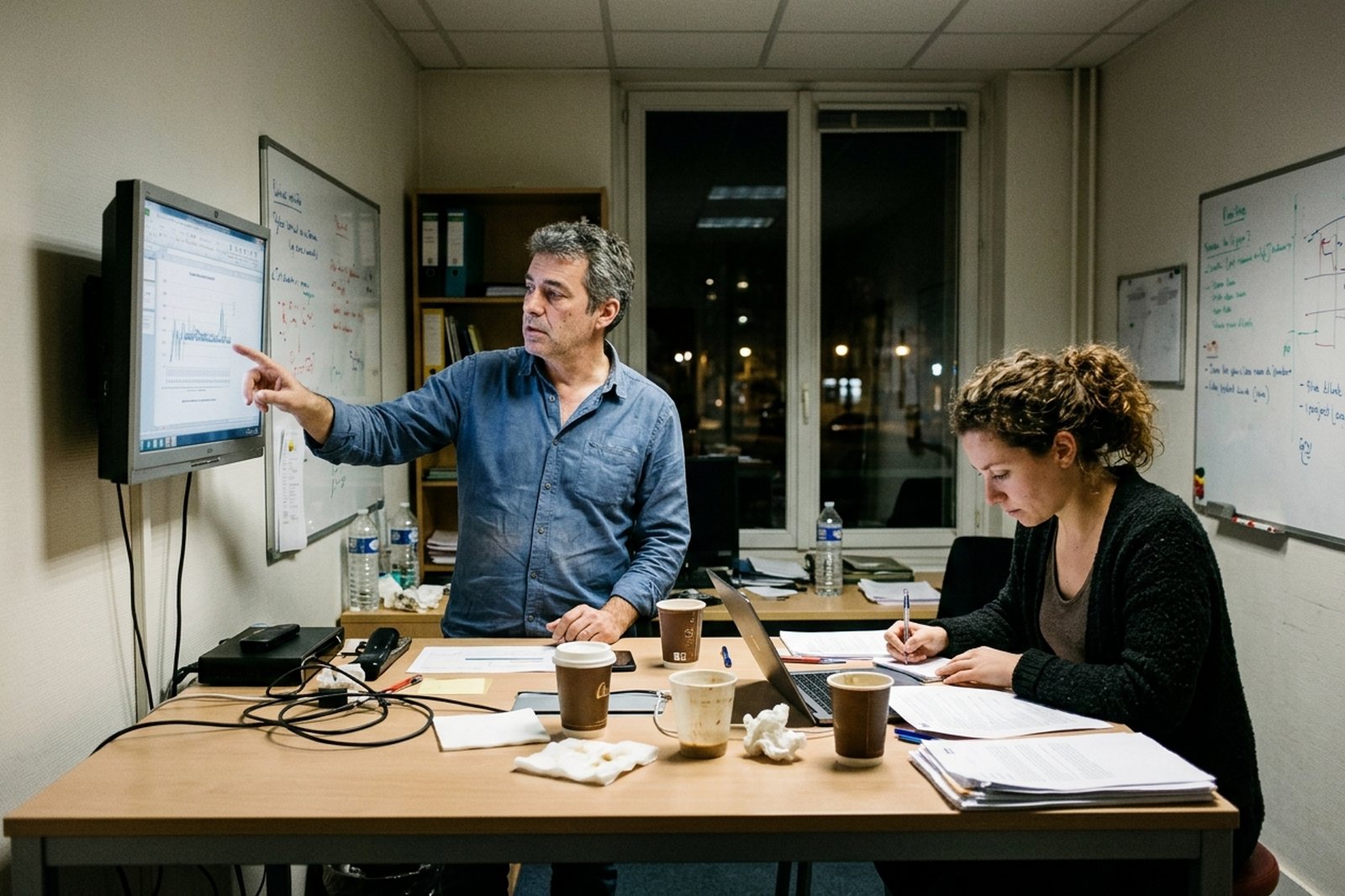 Consultants travaillant tard en salle projet