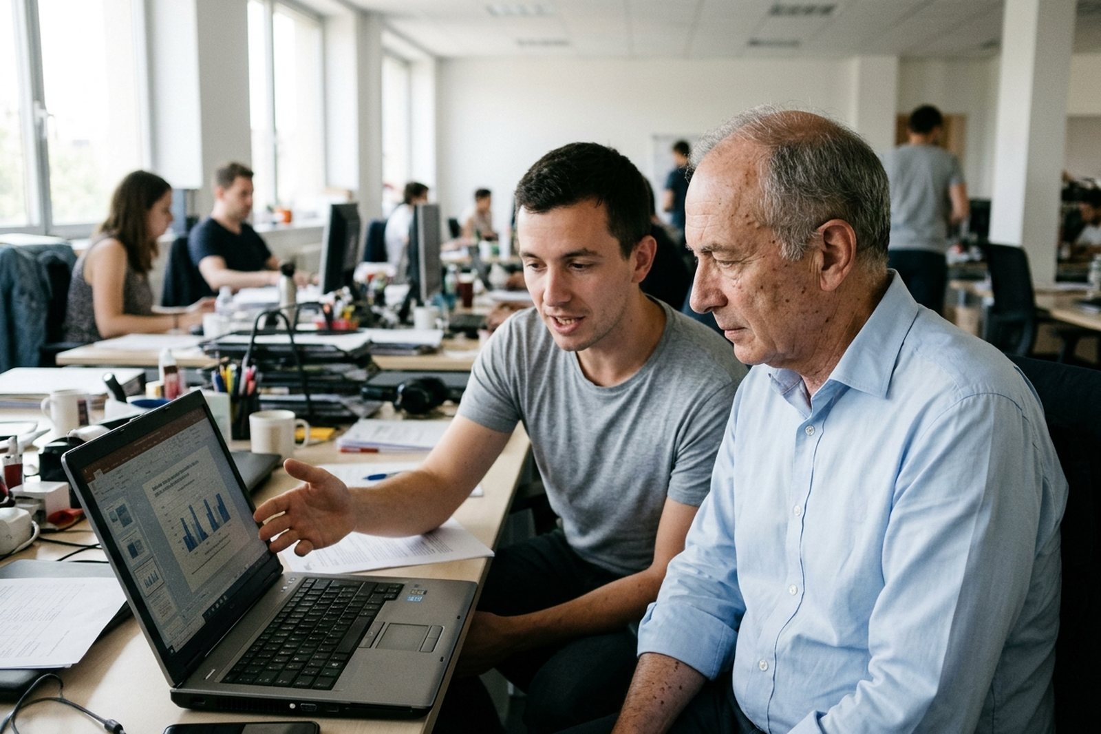 Consultant senior écoutant un collègue présenter une analyse