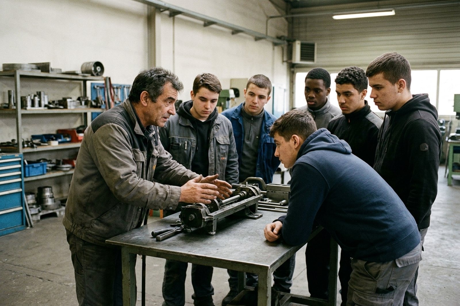 Trainer explaining a mechanism to apprentices
