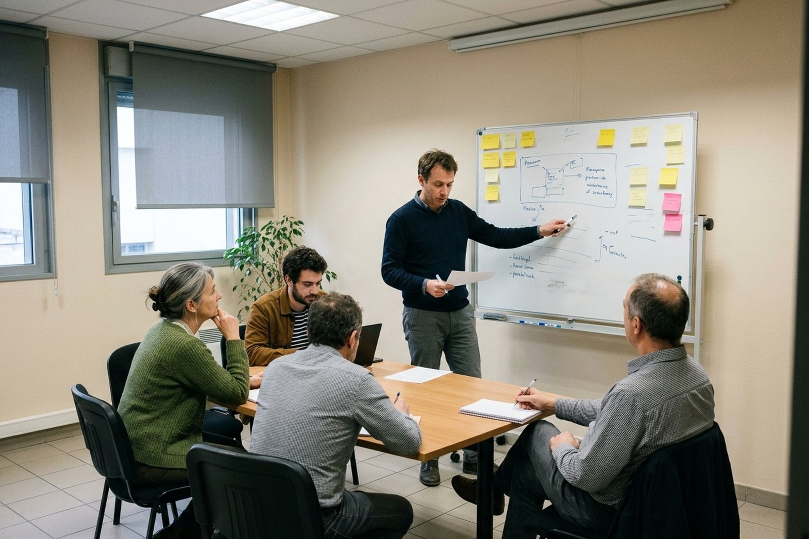 Consultant animant une séance au tableau blanc