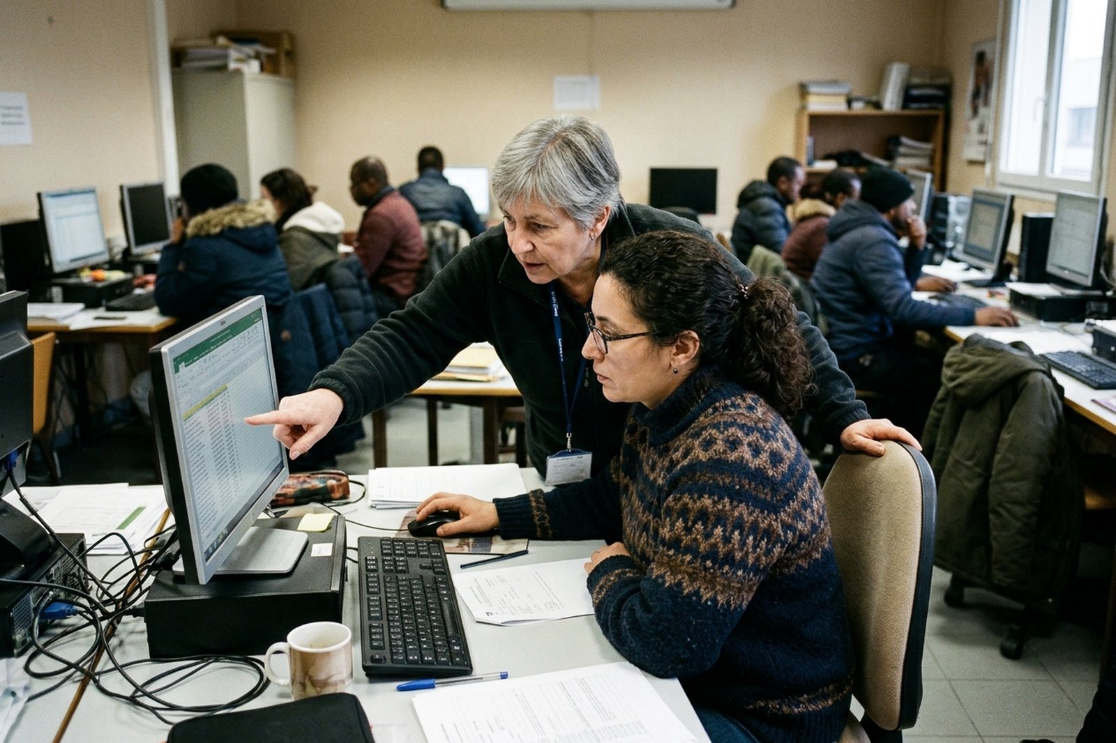 Trainer helping a learner at a computer