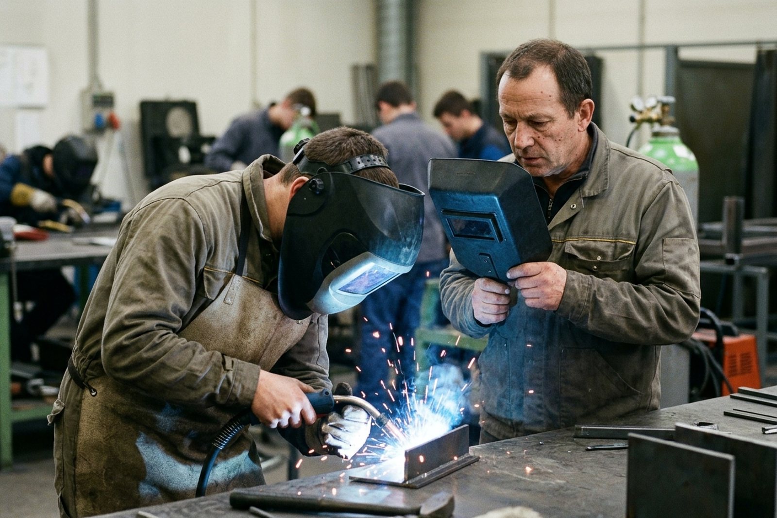 Welding instructor guiding a trainee