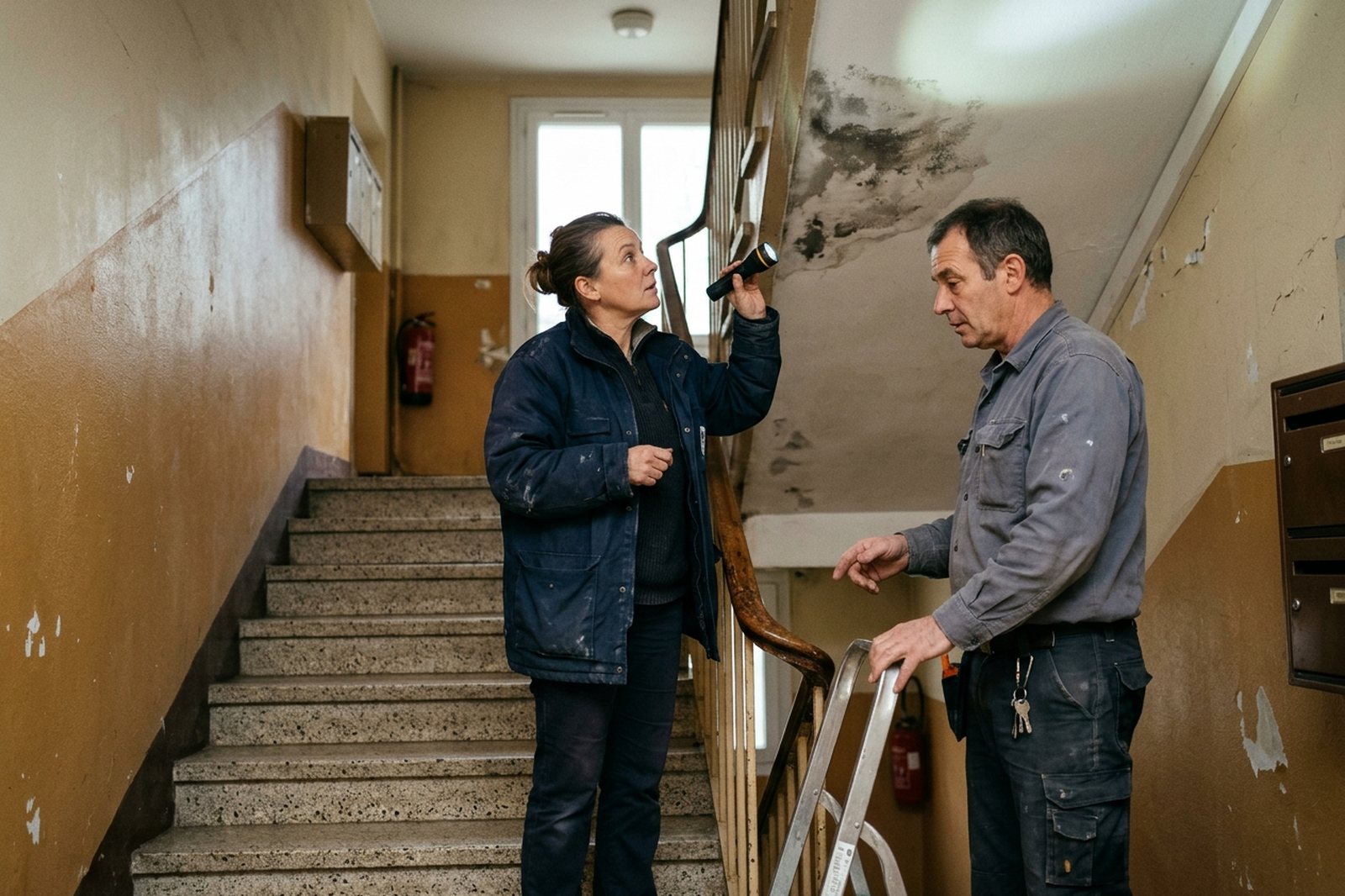 Gestionnaire et gardien inspectant une fuite dans une cage d'escalier