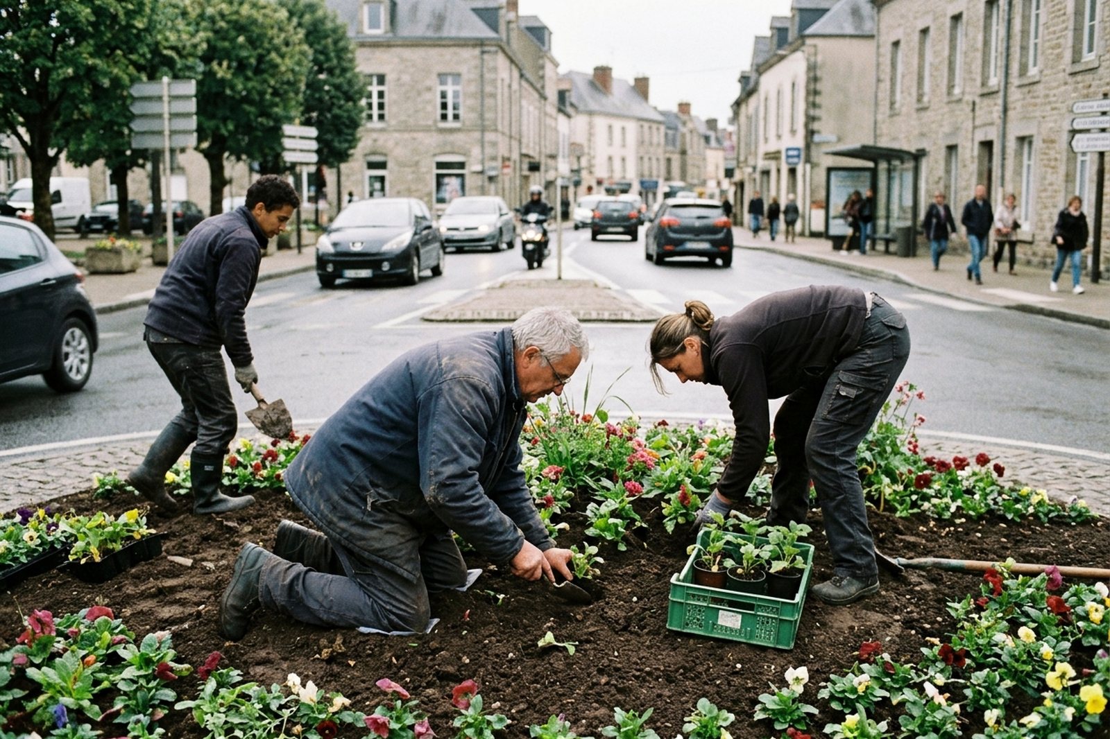 Municipal gardeners planting a flower bed