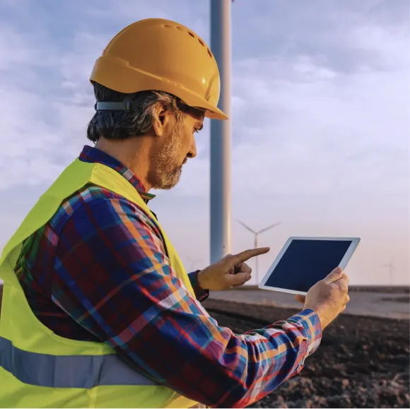 Engineer wearing a yellow hard hat and safety vest using a tablet near wind turbines at sunset.