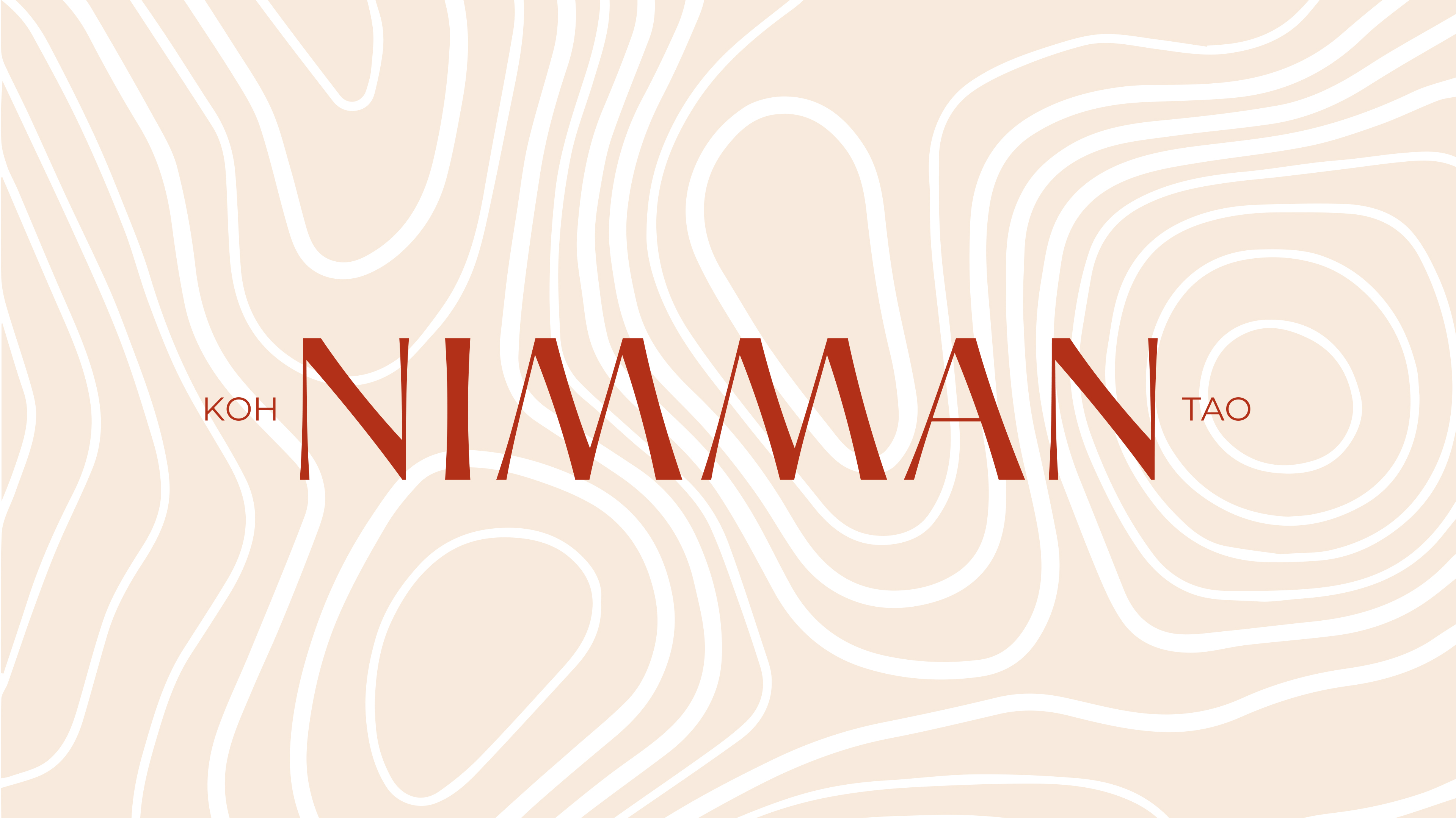 Texte rouge central avec les mots 'Koh Nimman Tao' sur un fond beige avec des lignes blanches ondulées ressemblant à une carte topographique.