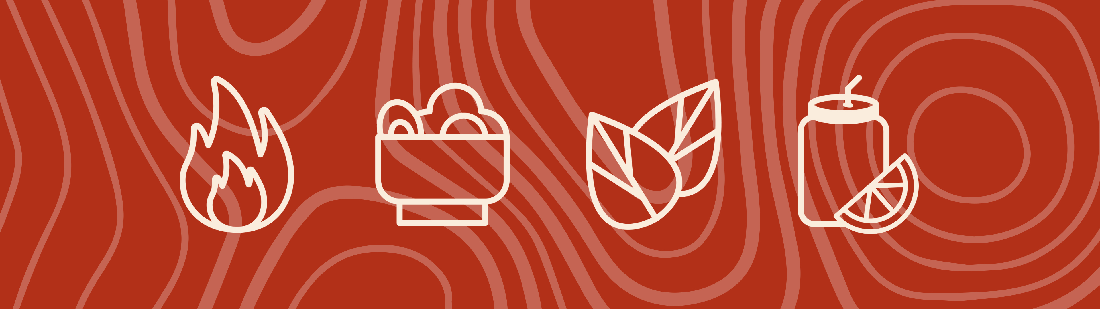 Quatre icônes en ligne représentant un feu, un bol de nourriture, des feuilles et une bougie avec une tranche d'agrume sur un fond rouge à motifs organiques.