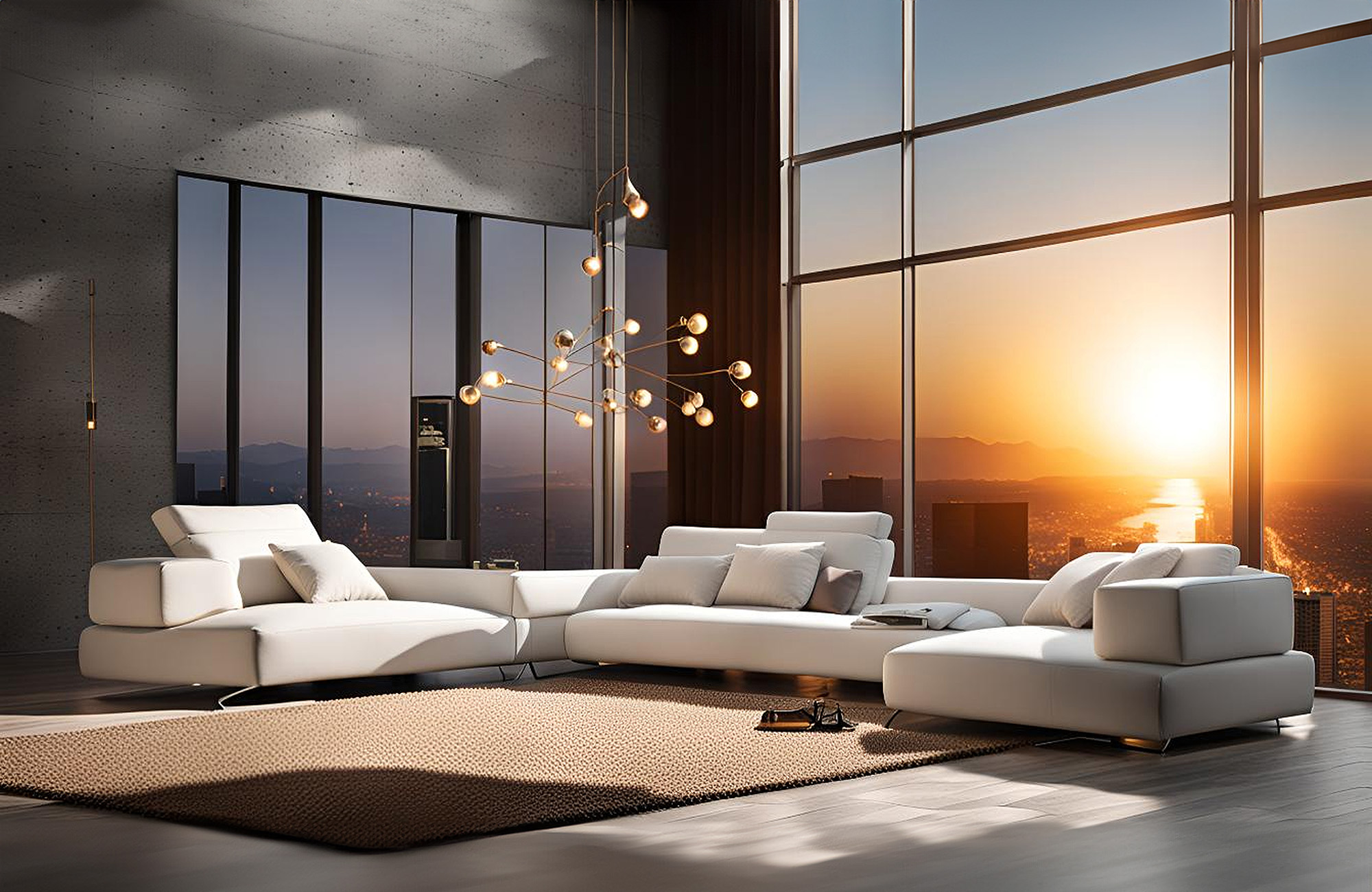 A cozy living room featuring large windows that showcase a stunning sunset view