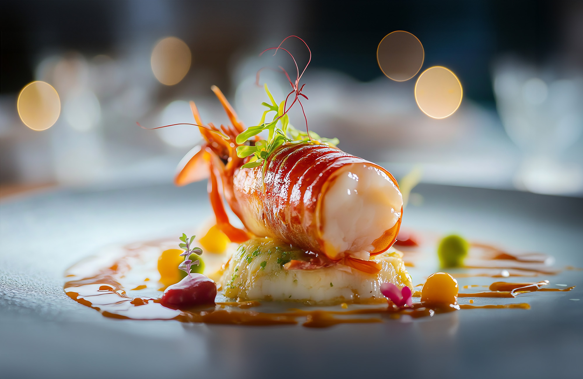 A beautifully presented lobster on a plate, accompanied by a rich sauce