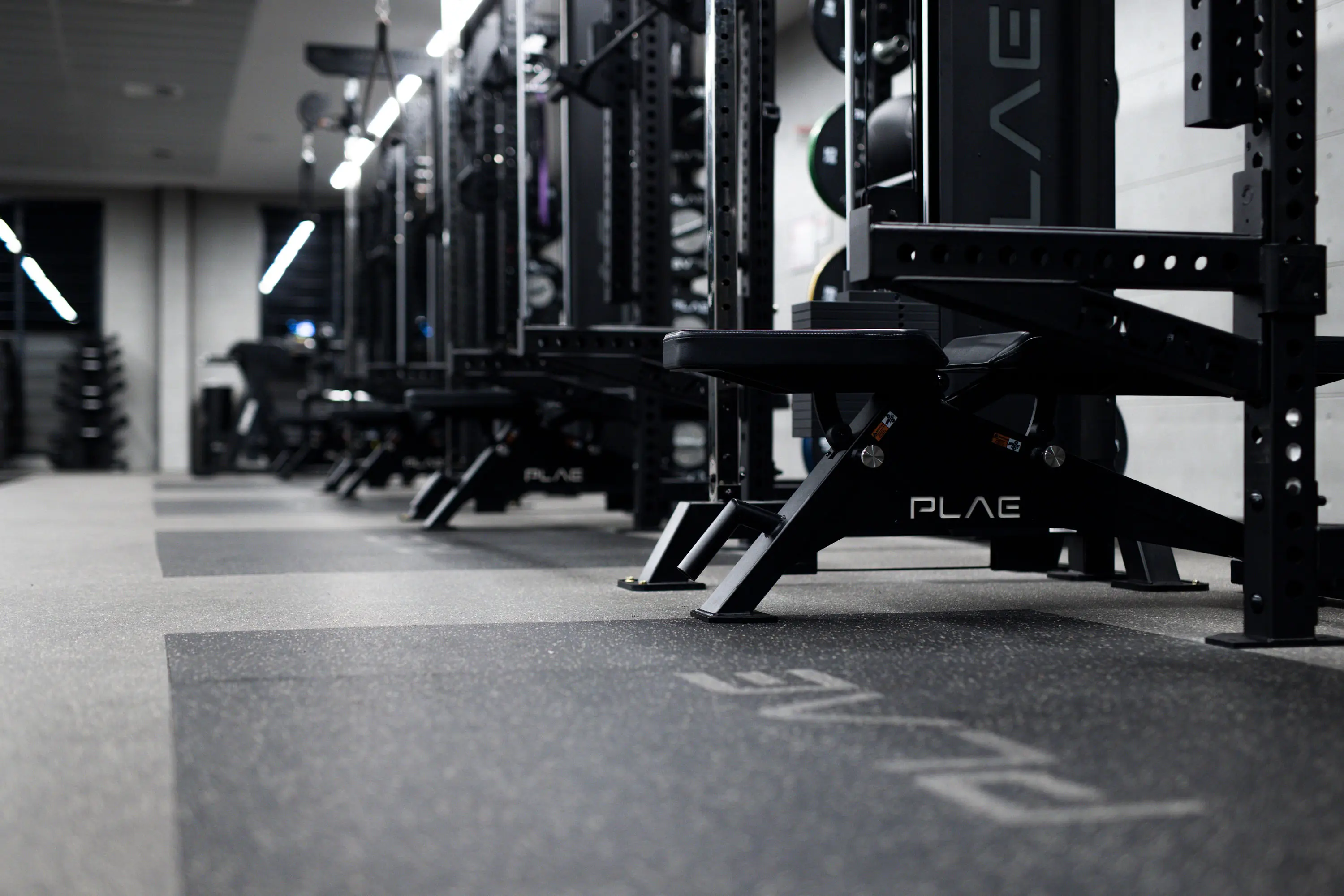 Row of PLAE adjustable benches and ICON X racks receding down the Fitness First Richmond strength floor