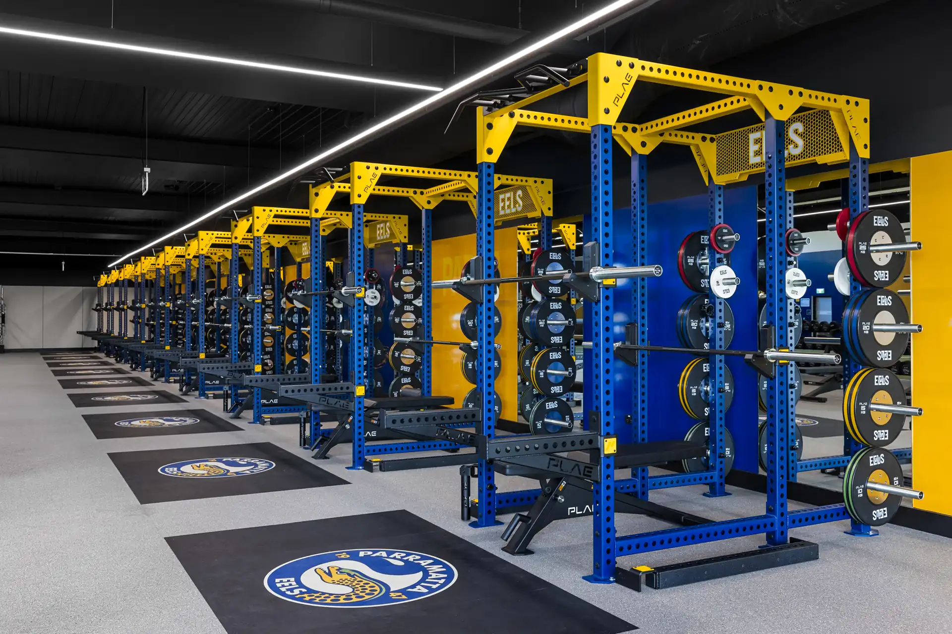 Long row of PLAE ICON X racks with Parramatta Eels crowns and club logo lifting platforms at the Eels Centre of Excellence
