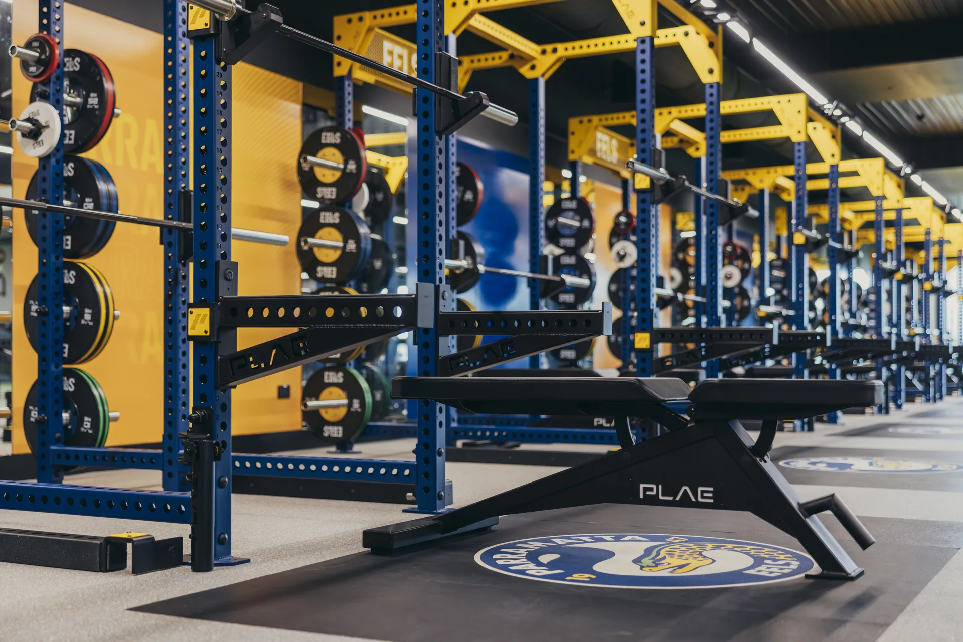 Low view of PLAE ICON X racks with Eels plates and a PLAE bench on the club logo platform at the Parramatta Eels Centre of Excellence