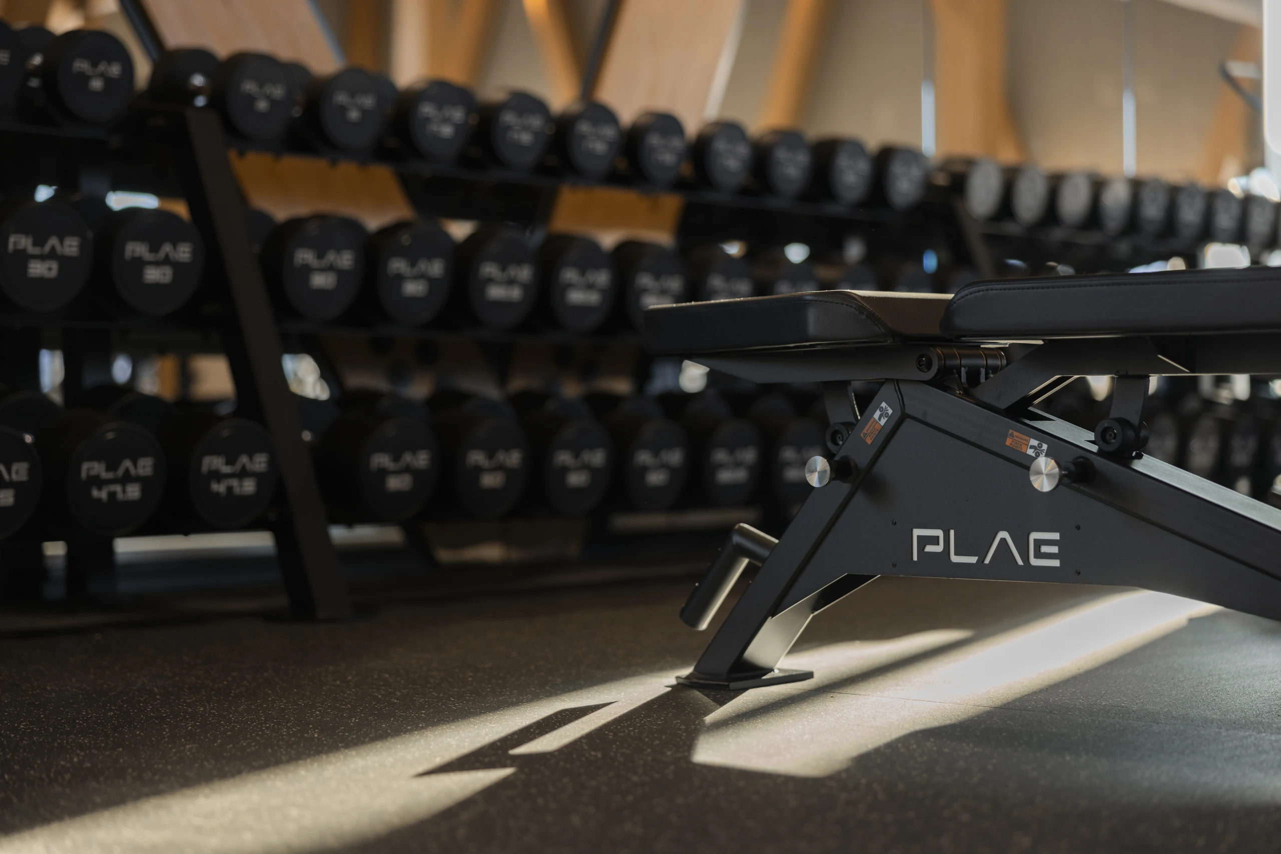 PLAE adjustable bench in morning light beside tiered PLAE round dumbbells on Achieve rubber flooring at The Mill, Queenstown.