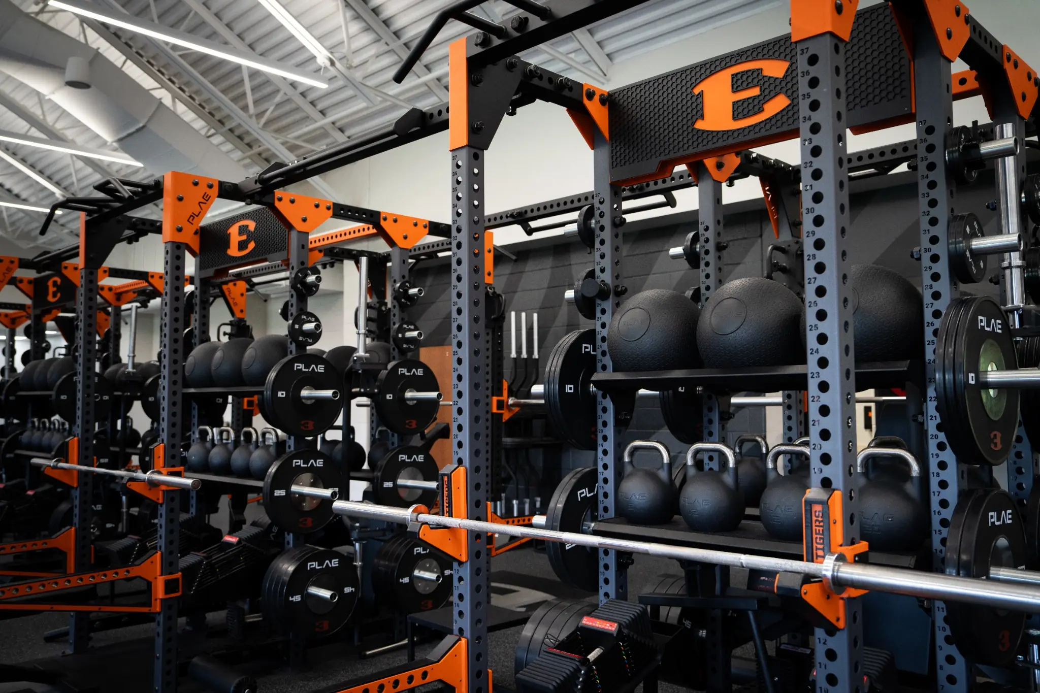 Custom PLAE ICONx rack with integrated storage for weight plates, kettlebells and medicine balls in a branded performance facility.
