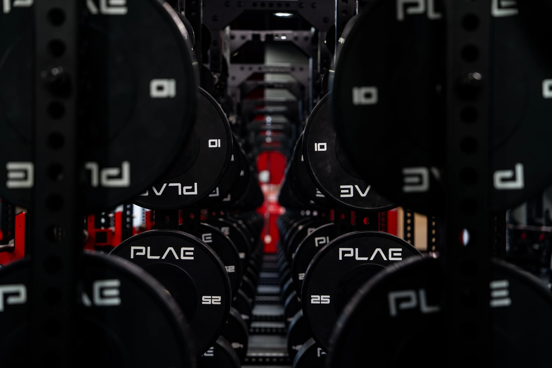 ymmetrical view through custom PLAE ICONx racks highlighting integrated PLAE weight plate storage and custom strength training stations.
