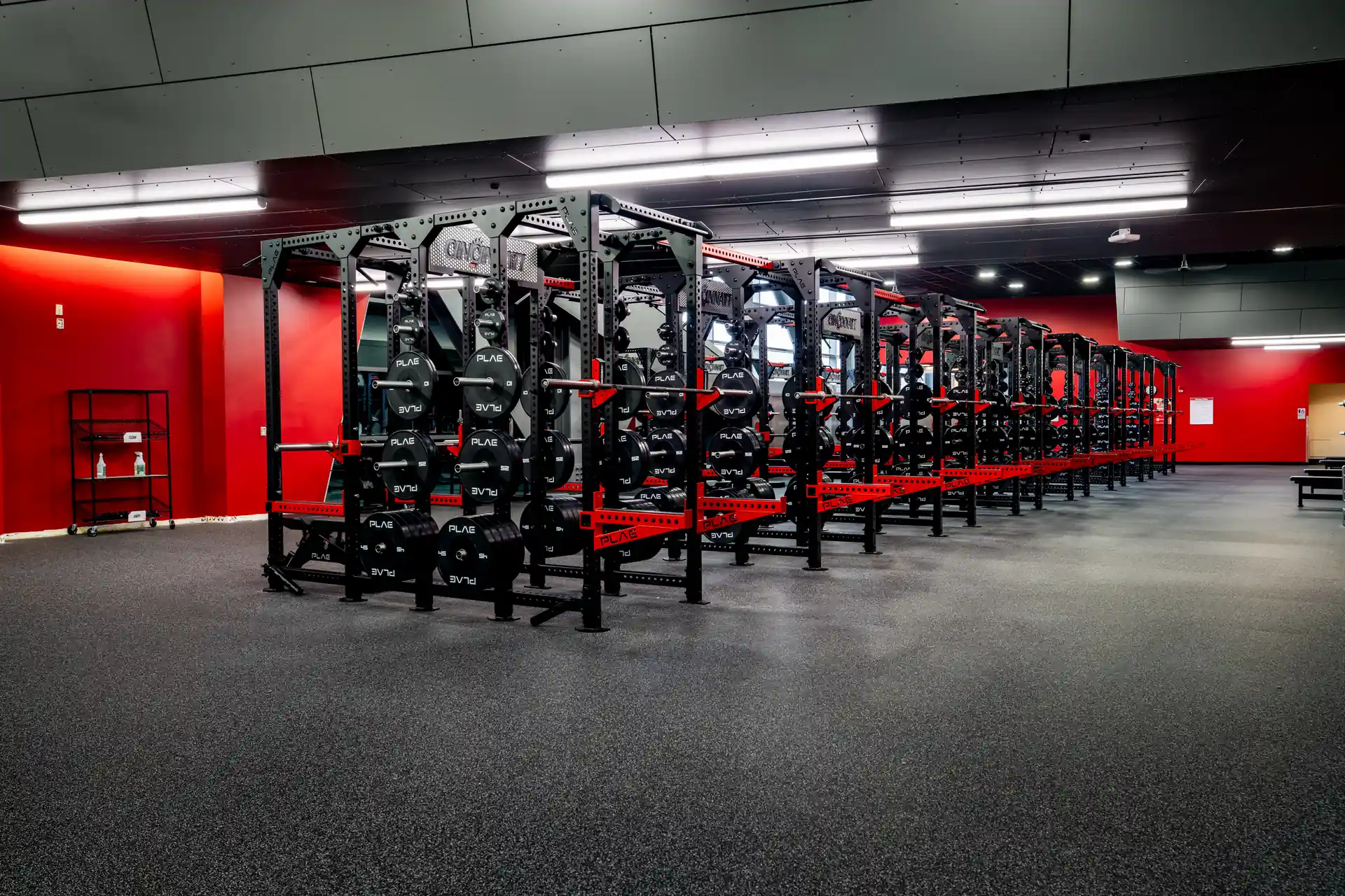 Wide view of custom PLAE ICONx racks with integrated weight storage installed on ACHIEVE Rubber Flooring in a collegiate strength training facility.Wide view of custom PLAE ICONx racks with integrated weight storage installed on ACHIEVE Rubber Flooring in 